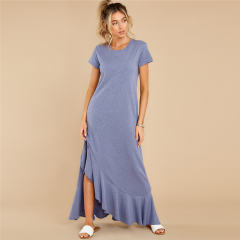 Short Sleeve Maxi Dresses Women Solid Color Boho Dress PQLQ099A