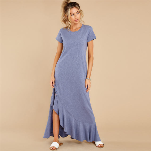 Short Sleeve Maxi Dresses Women Solid Color Boho Dress PQLQ099A