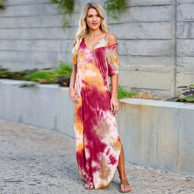 Red Short Sleeve Maxi Dresses Women Tie Dyed V-neck Boho Dress PQLQ098A