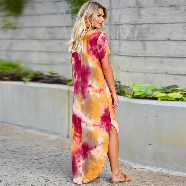 Red Short Sleeve Maxi Dresses Women Tie Dyed V-neck Boho Dress PQLQ098A
