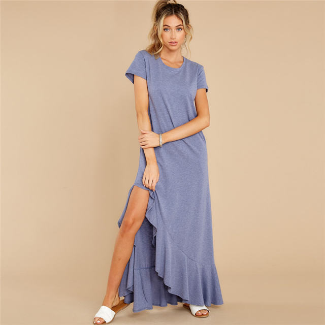 Short Sleeve Maxi Dresses Women Solid Color Boho Dress PQLQ099A
