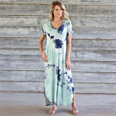 Black Short Sleeve Maxi Dresses Women Tie Dyed V-neck Boho Dress PQLQ098B