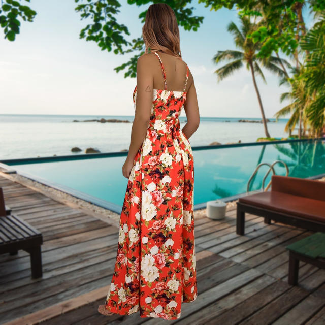 Green Spaghetti Strap Maxi Dresses Women Floral Printed Boho Dress PQLQ113D [OUT OF STOCK]