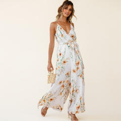 White Summer V-Neck Streetwear Wide Leg Jumpsuit For Women PQLQ109B