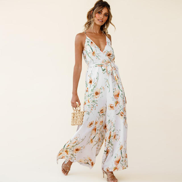 White Summer V-Neck Streetwear Wide Leg Jumpsuit For Women PQLQ109B