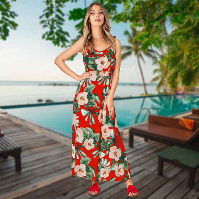 Blue Sleeveless Maxi Dresses Women Floral Printing Boho Dress PQLQ103A