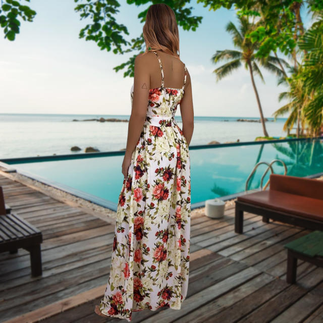 Green Spaghetti Strap Maxi Dresses Women Floral Printed Boho Dress PQLQ113D [OUT OF STOCK]