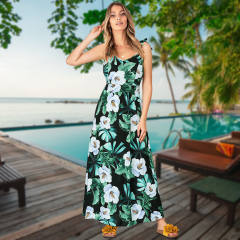Blue Sleeveless Maxi Dresses Women Floral Printing Boho Dress PQLQ103A