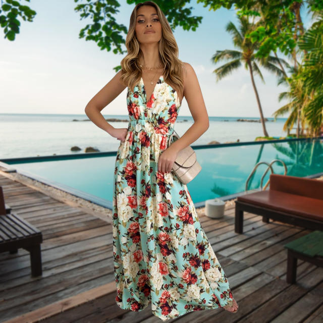 Green Spaghetti Strap Maxi Dresses Women Floral Printed Boho Dress PQLQ113D [OUT OF STOCK]