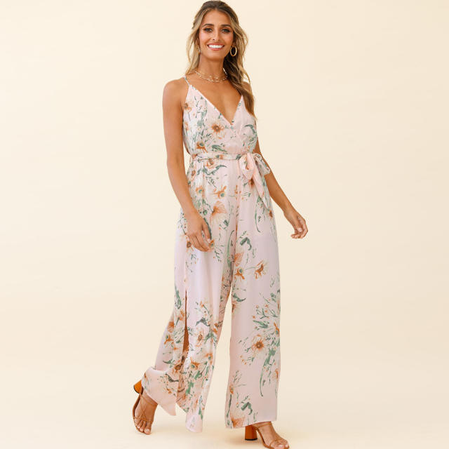 White Summer V-Neck Streetwear Wide Leg Jumpsuit For Women PQLQ109B