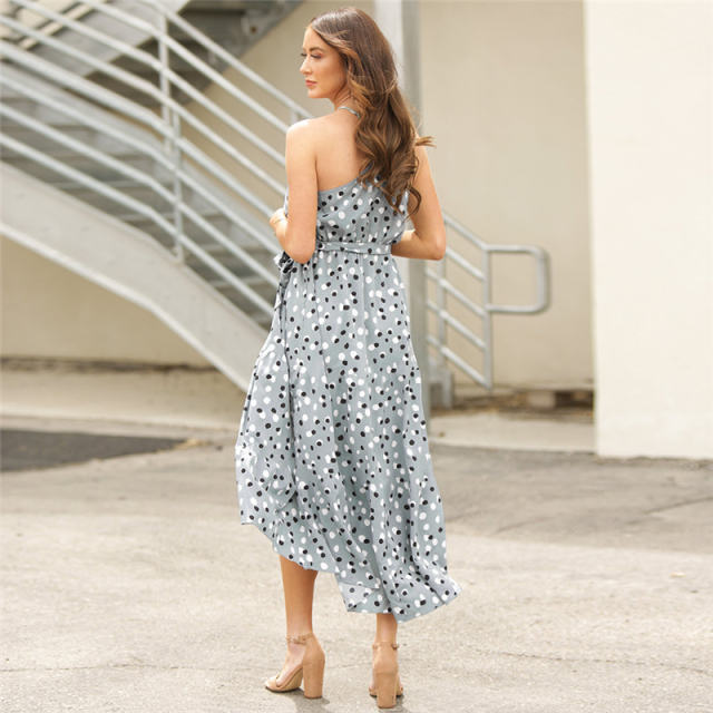 Blue Polka Dot Summer Dress For Women Sleeveless Midi Dress PQLQ102C