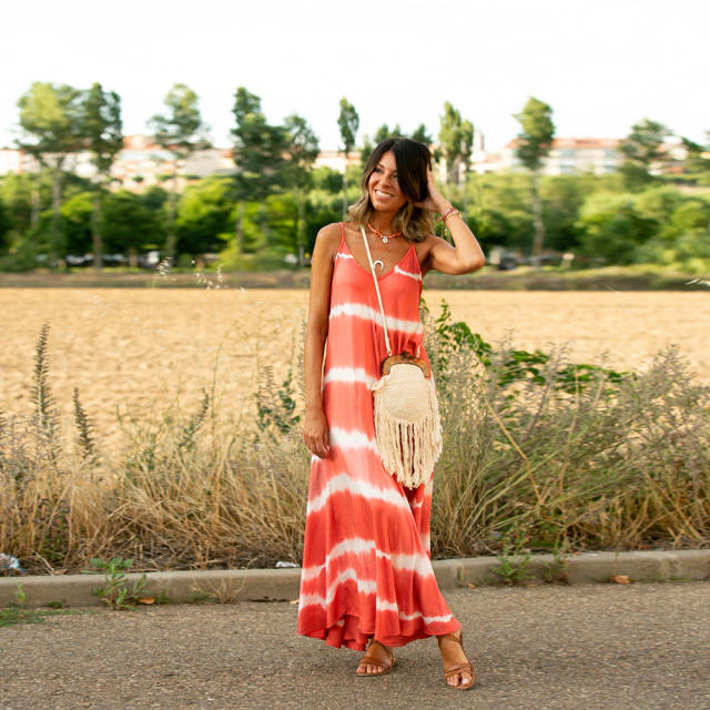 Orange Spaghetti Strap Maxi Dresses Women Tie-dyed Boho Dress PQH2079