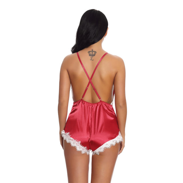 Pink Deep V-neck Teddies Lingerie Sexy Satin Bodysuit For Women PQ3515A
