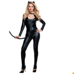 Faux Leather Cat Women Costume PVC Sexy Halloween Jumpsuit PQ4310
