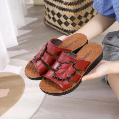 Black Leather Slippers Women Summer Loafers Mom Wearable Shoes Foothold PQ9071B