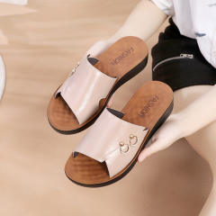 Red Genuine Leather Slippers Wearable Foothold Women Summer Loafers PQ908A