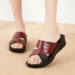 Red Women Summer Loafers Genuine Leather Slippers Wearable Shoes Foothold PQA59A