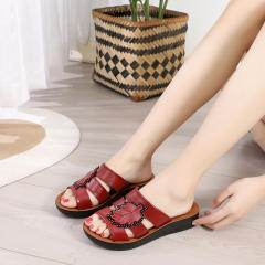 Black Leather Slippers Women Summer Loafers Mom Wearable Shoes Foothold PQ9071B