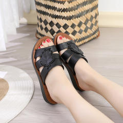 Red Leather Slippers Women Summer Loafers Mom Wearable Shoes Foothold PQ9071A