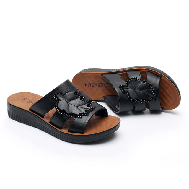 Black Leather Slippers Women Summer Loafers Mom Wearable Shoes Foothold PQ9071B