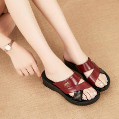 Red Women Summer Loafers Genuine Leather Slippers Wearable Shoes Foothold PQA59A