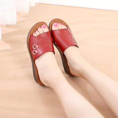 Red Genuine Leather Slippers Wearable Foothold Women Summer Loafers PQ908A