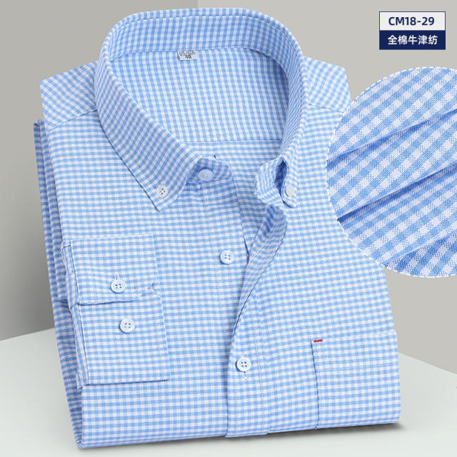 Men's Business Casual Shirt Long Sleeve Cotton Oxford Plaid Shirt PQNJF30