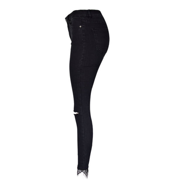 Black Fashion Denim Trousers with Lace Trim Sexy High Waist Jeans PQTOP322