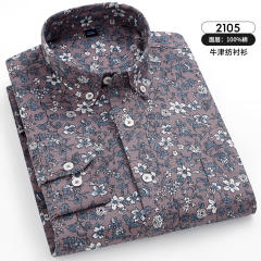 Brown Floral Business Shirt Men Casual Shirt Long Sleeve Cotton Tops PQNJF2105