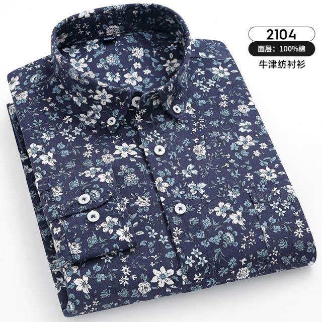 Light Blue Floral Casual Shirt Men Long Sleeve Cotton Tops  Business ShirtPQNJF2106