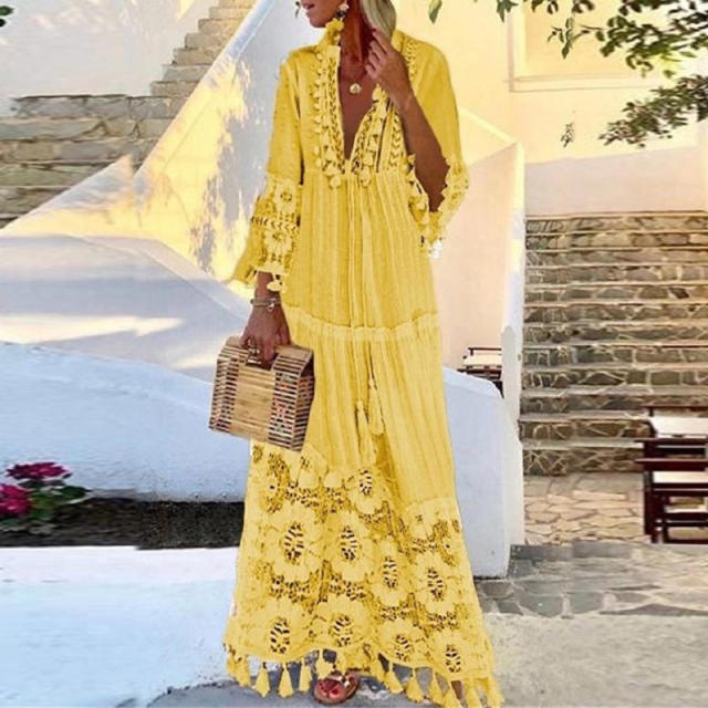 Yellow Tassel Beach Dresses For Women Crochet Bohemia Dress PQ4013B
