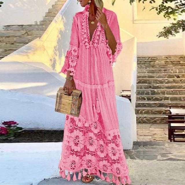 Yellow Tassel Beach Dresses For Women Crochet Bohemia Dress PQ4013B