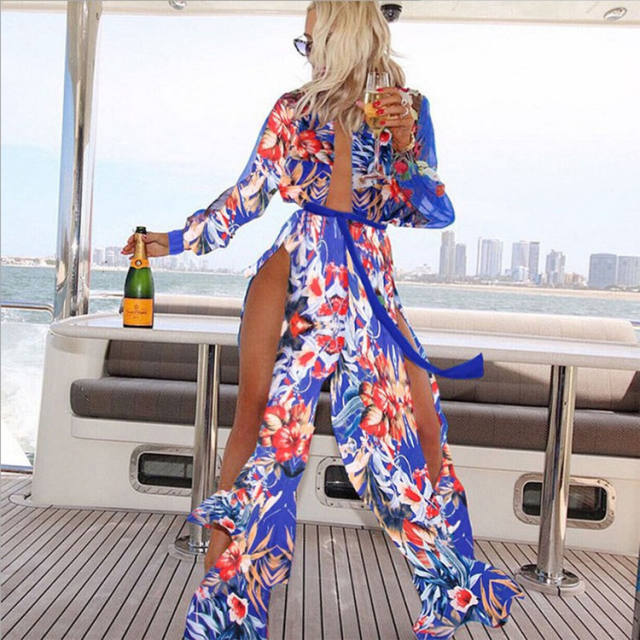 Dark Blue Floral Beach Boho Dresses For Women Bohemia Dress PQA25