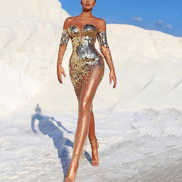 Sexy Off Shoulder Club Dresses For Women Fashion Sequin Party Dress PQ8129