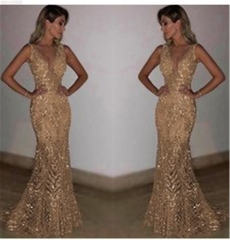 Gold V-neck Sequin Party Dress For Women Sexy Evening Dresses PQ1310A