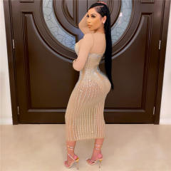 White Sexy Bodycon Dresses Fashion Rhinestone Midi Dress For Women PQ2198B