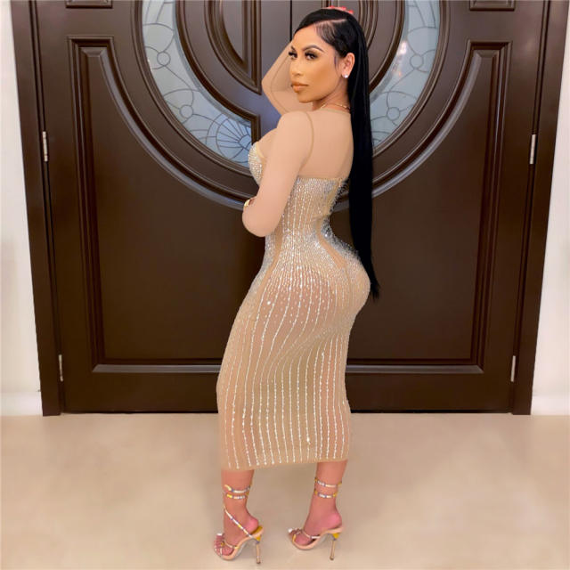 White Sexy Bodycon Dresses Fashion Rhinestone Midi Dress For Women PQ2198B