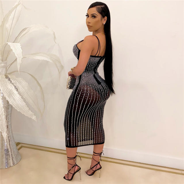 White Fashion Rhinestone Midi Dress Women Sexy Bodycon Dresses PQ2072C