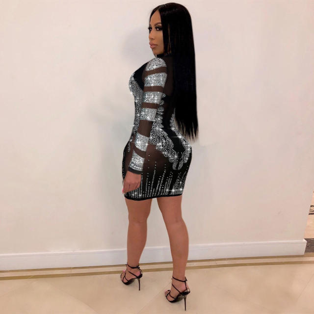 Silver Sexy Bodycon Dresses Rhinestone Mini Dress For Women PQ8936B