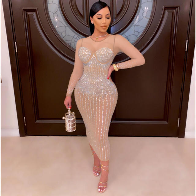 White Sexy Bodycon Dresses Fashion Rhinestone Midi Dress For Women PQ2198B