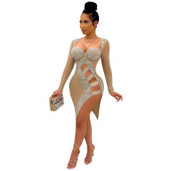 Apricot Fashion Sequin Mini Dress For Women Sexy Slim Club Dresses PQ2123B