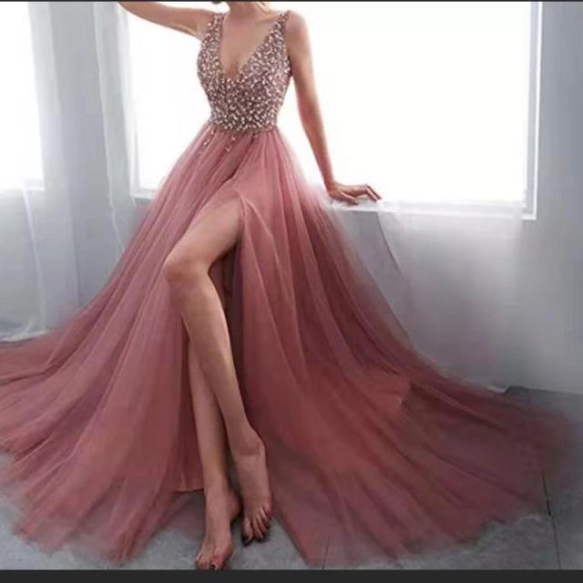 Pink Sequin Evening Party Dresses Sexy Women High Split Prom Dress PQYQ019