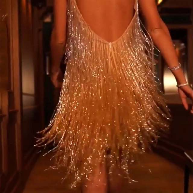 Women Fashion Deep V-neck Club Dresses Sexy Tassel Clubwear PQ2041