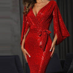 Sexy V-neck Cocktail Dress Women Skinny Sequin Evening Dresses PQ8685