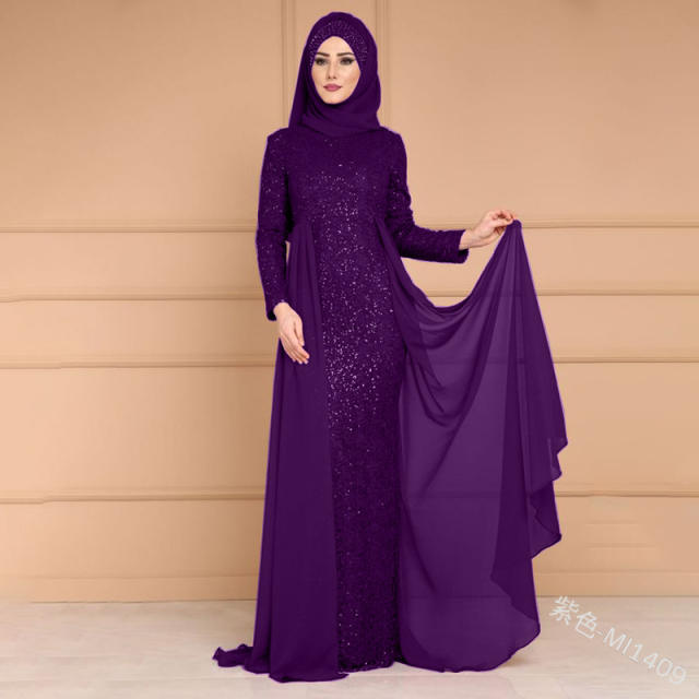Elegant Muslim Dress Women Fashion Sequin Middle Eastern National Dresses PQ1409