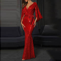 Sexy V-neck Cocktail Dress Women Skinny Sequin Evening Dresses PQ8685