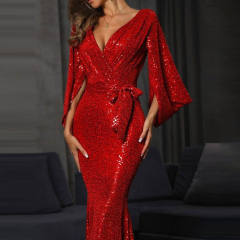 Sexy V-neck Cocktail Dress Women Skinny Sequin Evening Dresses PQ8685