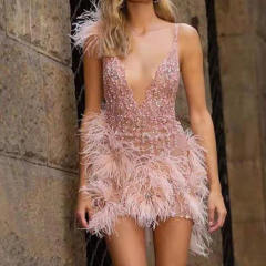 Women Fashion Sequin Club Dresses Sexy Deep V-neck Feather Clubwear PQ2008