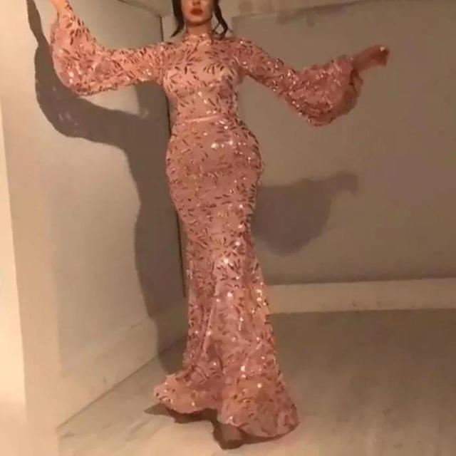 Pink Sequin Evening Dresses Sexy Women Long Sleeve Mesh Prom Dress PQ8678