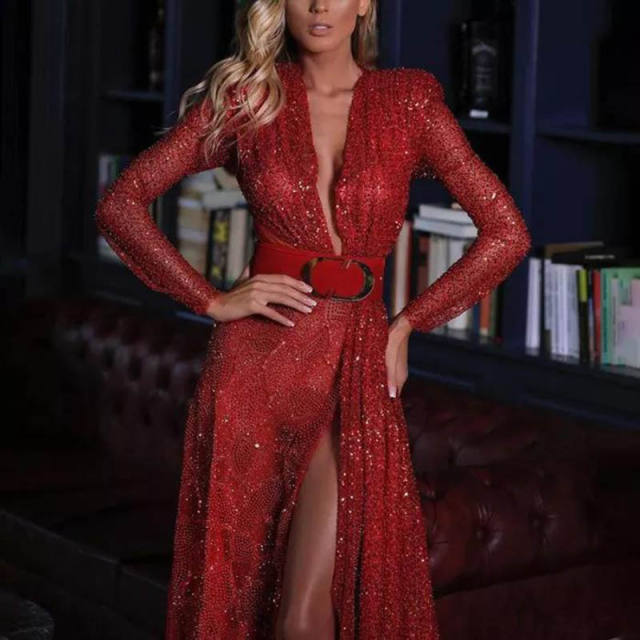 Women Elegant Sequin Evening Dresses Sexy Floor Length Cocktail Dress PQ8707